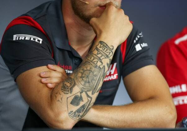 FORMULA 1 - GP of Austria 2017 SPIELBERG,AUSTRIA,06.JUL.17 - MOTORSPORTS, FORMULA 1 - Grand Prix of Austria, Red Bull Ring, press conference PK Pressekonferenz Image shows the tattoo of Kevin Magnussen (DEN Haas). GEPAxpictures xDanielxGoetzhaber