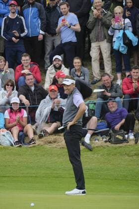 July 6th 2017, Portstewart Golf Club, Portstewart, Northern Ireland; Dubai Duty Free Irish Open Golf Championship; Day1; Ian Poulter (ENG) reacts as his putt narrowly misses on the 3rd xNigelxCookex  ActionPlus11898288