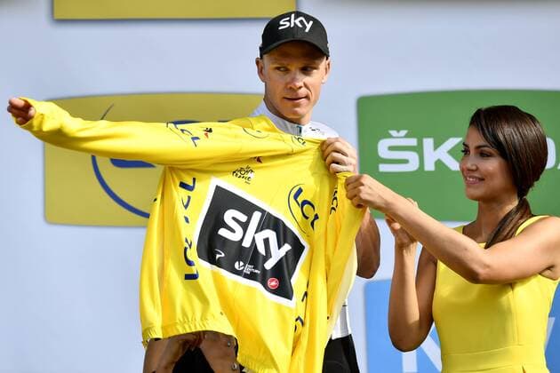 British Chris Froome of Team Sky celebrates on the podium in the yellow jersey of leader in the overall ranking after the sixth stage of the 104th edition of the Tour de France cycling race, 216 km from Vesoul to Troyes, France, Thursday 06 July 2017. This year s Tour de France takes place from July first to July 23rd. DIRKxWAEM  x05127516x