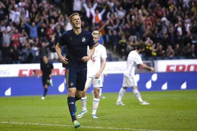 170706 AIK:s Eero Markkanen jublar efter 5-0 under fotbollsmatchen i kvalet till Europa League mellan AIK och Klaksvik den 6 Juli 2017 i Stockholm.  Copyright: KentaxJönsson BB170706KJ019