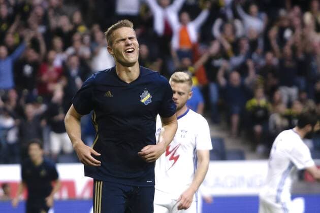 170706 AIK:s Eero Markkanen jublar efter 5-0 under fotbollsmatchen i kvalet till Europa League mellan AIK och Klaksvik den 6 Juli 2017 i Stockholm.  Copyright: KentaxJönsson BB170706KJ021