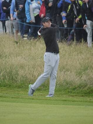 July 6th 2017, Portstewart Golf Club, Portstewart, Northern Ireland; Dubai Duty Free Irish Open Golf Championship; Day1; Rory Mcllroy (NIR) plays his approach shot on the 18th xNigelxCookex  ActionPlus11898441