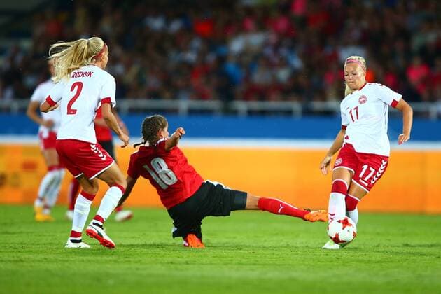 SOCCER - AUT vs DEN, test match WIENER NEUSTADT,AUSTRIA,06.JUL.17 - WOMEN SOCCER - OEFB, Oesterreichischer Fussball-Bund, Austria vs Denmark, test match. Image shows Line Roddik Hansen (DEN), Laura Feiersinger (AUT) and Line Sigvardsen Jensen (DEN). GEPAxpictures xCh.xKelemen