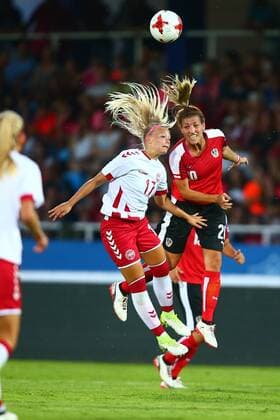 SOCCER - AUT vs DEN, test match WIENER NEUSTADT,AUSTRIA,06.JUL.17 - WOMEN SOCCER - OEFB, Oesterreichischer Fussball-Bund, Austria vs Denmark, test match. Image shows Line Sigvardsen Jensen (DEN) and Lisa Makas (AUT). GEPAxpictures xCh.xKelemen