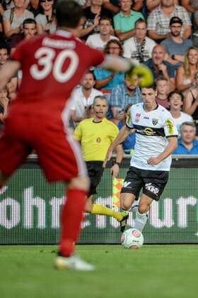 SOCCER - UEFA EL quali, Altach vs Chikhura ALTACH,AUSTRIA,06.JUL.17 - SOCCER - UEFA Europa League qualification, SCR Altach vs FC Chikhura Sachkhere. Image shows Dino Hamzic (Chikhura) and Benedikt Zech (Altach). GEPAxpictures xOliverxLerch