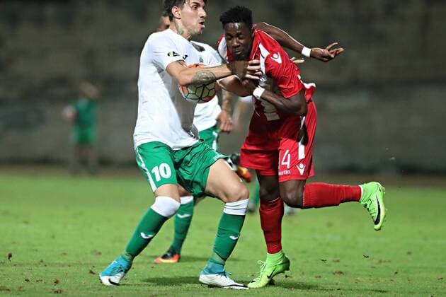 Hibernians Stadium, Paola, Malta UEFA Europa League 2017 2018 First Qualifying Round, Second Leg Floriana FC v FK Crvena Zvezda Richmond Boakye (R) of FK Crvena Zvezda (Red Star Belgrade) is challenged by Sebastaiano Nayar of Floriana FC (L) during of the UEFA Europa League, first qualifying round, second leg match against Floriana FC at the Hibernians Stadium in Paola, Malta on 06 July, 2017. UEFA Europa League 2017 2018 - Floriana FC v FK Crvena Zvezda UEL_1QR_2LG_FLO_RSB