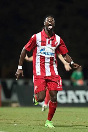 Hibernians Stadium, Paola, Malta UEFA Europa League 2017 2018 First Qualifying Round, Second Leg Floriana FC v FK Crvena Zvezda Richmond Boakye of FK Crvena Zvezda (Red Star Belgrade) celebrates scoring his second goal against Floriana FC during of the UEFA Europa League, first qualifying round, second leg match against Floriana FC at the Hibernians Stadium in Paola, Malta on 06 July, 2017. UEFA Europa League 2017 2018 - Floriana FC v FK Crvena Zvezda UEL_1QR_2LG_FLO_RSB