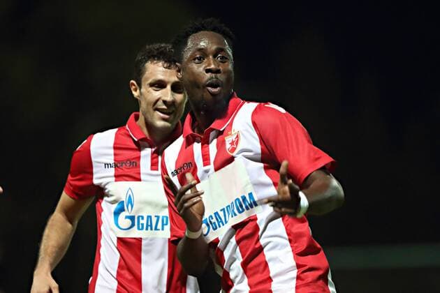 Hibernians Stadium, Paola, Malta UEFA Europa League 2017 2018 First Qualifying Round, Second Leg Floriana FC v FK Crvena Zvezda Richmond Boakye (R) of FK Crvena Zvezda (Red Star Belgrade) celebrates scoring his second goal against Floriana FC during of the UEFA Europa League, first qualifying round, second leg match against Floriana FC at the Hibernians Stadium in Paola, Malta on 06 July, 2017. UEFA Europa League 2017 2018 - Floriana FC v FK Crvena Zvezda UEL_1QR_2LG_FLO_RSB