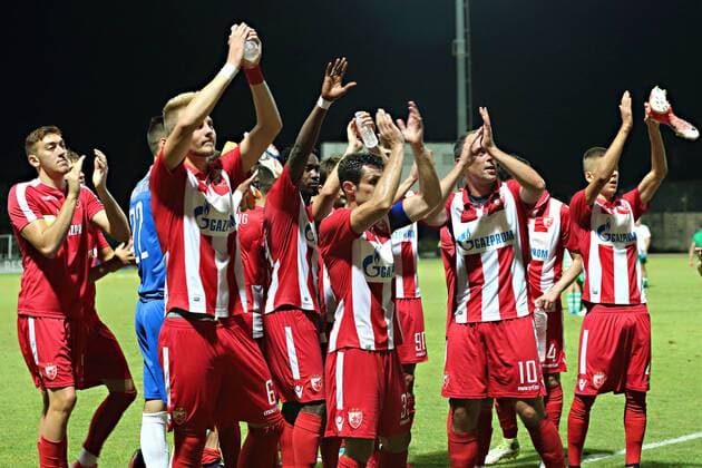 Hibernians Stadium, Paola, Malta UEFA Europa League 2017 2018 First Qualifying Round, Second Leg Floriana FC v FK Crvena Zvezda FK Crvena Zvezda (Red Star Belgrade) players salute their supporters after the UEFA Europa League, first qualifying round, second leg match against Floriana FC at the Hibernians Stadium in Paola, Malta on 06 July, 2017. UEFA Europa League 2017 2018 - Floriana FC v FK Crvena Zvezda UEL_1QR_2LG_FLO_RSB