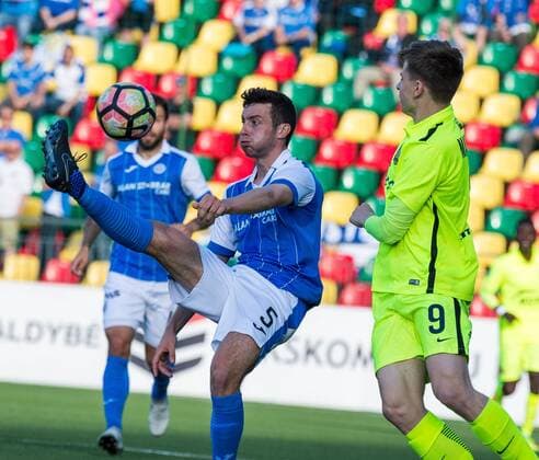 (170707) -- VILNIUS, July 7, 2017 -- Joseph Shaughnessy (L) of St. Johnstone vies with Maksim Maksimov (R) of FK Trakai during the UEFA Europa League first qualifying round second leg game between FK Trakai and St. Johnstone in Vilnius, Lithuania, on July 6, 2017. FK Trakai won 1-0. ) (SP)LITHUANIA-VILNIUS-SOCCER-EUROPA LEAGUE QUALIFIER-FK TRAKAI VS ST. JOHNSTONE AlfredasxPliadis 