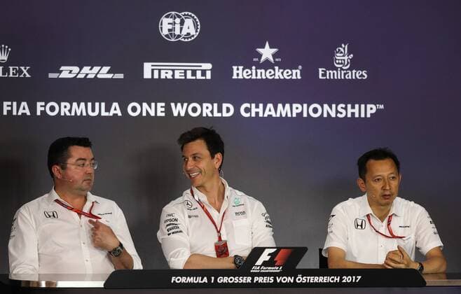 FORMULA 1 - GP of Austria 2017 SPIELBERG,AUSTRIA,07.JUL.17 - MOTORSPORTS, FORMULA 1 - Grand Prix of Austria, Red Bull Ring, press conference PK Pressekonferenz Image shows racing director Eric Boullier (McLaren Honda), executive director Toto Wolff (Mercedes) and head Yusuke Hasegawa (JPN Honda F1 programme). GEPAxpictures xDanielxGoetzhaber