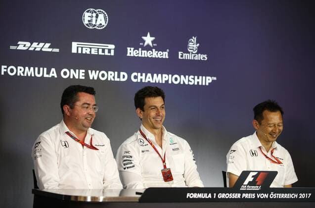 FORMULA 1 - GP of Austria 2017 SPIELBERG,AUSTRIA,07.JUL.17 - MOTORSPORTS, FORMULA 1 - Grand Prix of Austria, Red Bull Ring, press conference PK Pressekonferenz Image shows racing director Eric Boullier (McLaren Honda), executive director Toto Wolff (Mercedes) and head Yusuke Hasegawa (JPN Honda F1 programme). GEPAxpictures xDanielxGoetzhaber
