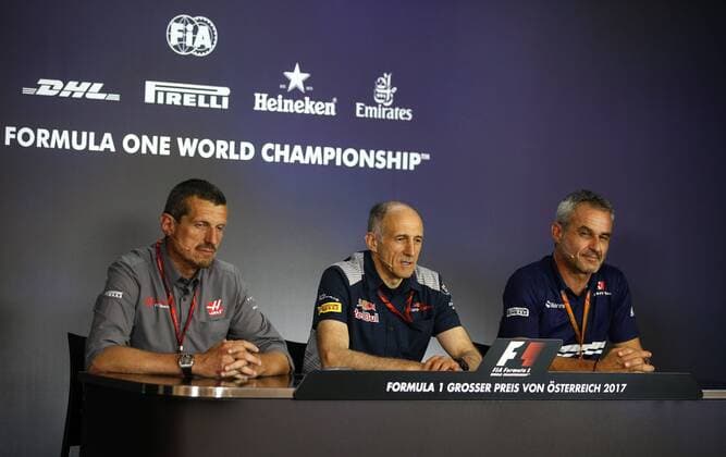 FORMULA 1 - GP of Austria 2017 SPIELBERG,AUSTRIA,07.JUL.17 - MOTORSPORTS, FORMULA 1 - Grand Prix of Austria, Red Bull Ring, press conference PK Pressekonferenz Image shows team principial Guenther Steiner (Haas), team principal Franz Tost (Scuderia Toro Rosso) and Beat Zehnder (Sauber). GEPAxpictures xDanielxGoetzhaber