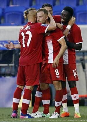 Canada midfielder Scott Arfield (C) celebrates scoring a goal past French Guiana goalkeeper Donovan Leon during the first half of a CONCACAF Gold Cup soccer match at Red Bull arena in Harrison, NJ, USA, on 7 July 2017. French Guiana vs Canada !ACHTUNG: NUR REDAKTIONELLE NUTZUNG!  Copyright: xAdamxHungerx ADA07 20170708-636350764502077779