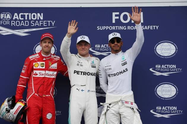 Austrian Grand Prix, Red Bull Ring 06 - 09 July 2017 08.07.2017- Qualifying Celebration Pole Valtteri Bottas (FIN) Mercedes AMG F1 W08, 2nd placeSebastian Vettel (GER) Scuderia Ferrari SF70H 3rd place Lewis Hamilton (GBR) Mercedes AMG F1 W08 