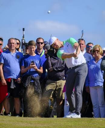 July 8th 2017, Portstewart Golf Club, Portstewart, Northern Ireland; Dubai Duty Free Irish Open Golf Championship, Day 3; Olivier Fisher (ENG) plays onto green on the 18th during the third round of the Dubai Duty Free Irish Open xNigelxCookex  ActionPlus11899098