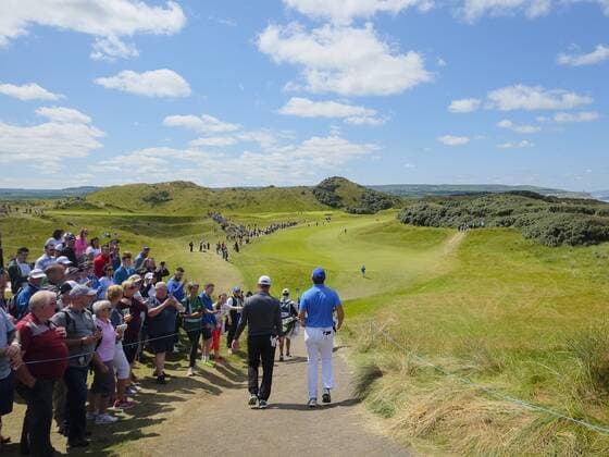 July 8th 2017, Portstewart Golf Club, Portstewart, Northern Ireland; Dubai Duty Free Irish Open Golf Championship, Day 3; Ryan Fox (NZL) on the left and John Rahm (ESP) make their way down the 1st fairway during the third round of the Dubai Duty Free Irish Open xNigelxCookex  ActionPlus11899151