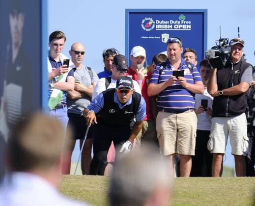 July 8th 2017, Portstewart Golf Club, Portstewart, Northern Ireland; Dubai Duty Free Irish Open Golf Championship, Day 3; Hideki Matsuyama (JPN) looks for the line to the 18th pin during the third round of the Dubai Duty Free Irish Open xNigelxCookex  ActionPlus11899153