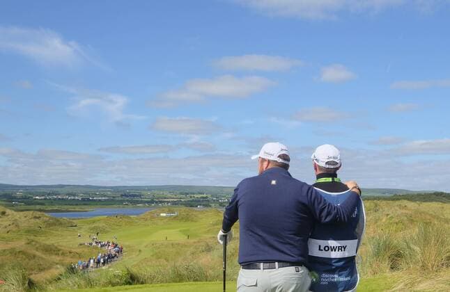 July 8th 2017, Portstewart Golf Club, Portstewart, Northern Ireland; Dubai Duty Free Irish Open Golf Championship, Day 3; Shane Lowry (NRL) with his arm around his caddy before his tee shot during the third round of the Dubai Duty Free Irish Open xNigelxCookex  ActionPlus11899154