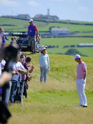 July 8th 2017, Portstewart Golf Club, Portstewart, Northern Ireland; Dubai Duty Free Irish Open Golf Championship, Day 3; Tommy Fleetwood (ENG) looks for the 18th pin as Justin Rose (ENG) looks for his ball during the third round of the Dubai Duty Free Irish Open xNigelxCookex  ActionPlus11899164