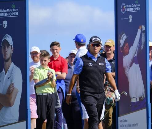 July 8th 2017, Portstewart Golf Club, Portstewart, Northern Ireland; Dubai Duty Free Irish Open Golf Championship, Day 3; Hideki Matsuyama (JPN) looks for his ball on the 18th fairway during the third round of the Dubai Duty Free Irish Open xNigelxCookex  ActionPlus11899168