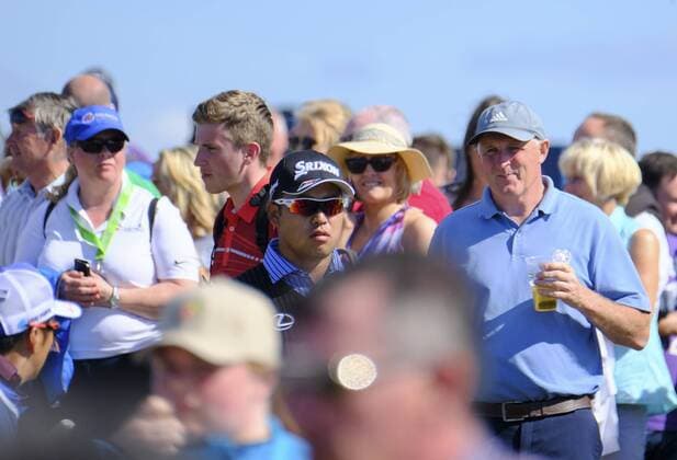 July 8th 2017, Portstewart Golf Club, Portstewart, Northern Ireland; Dubai Duty Free Irish Open Golf Championship, Day 3; Hideki Matsuyama (JPN) amongst the crowd on the 18th during the third round of the Dubai Duty Free Irish Open xNigelxCookex  ActionPlus11899169