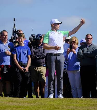July 8th 2017, Portstewart Golf Club, Portstewart, Northern Ireland; Dubai Duty Free Irish Open Golf Championship, Day 3; Oliver Fisher (ENG) gestures on the 18th fairway during the third round of the Dubai Duty Free Irish Open xNigelxCookex  ActionPlus11899171