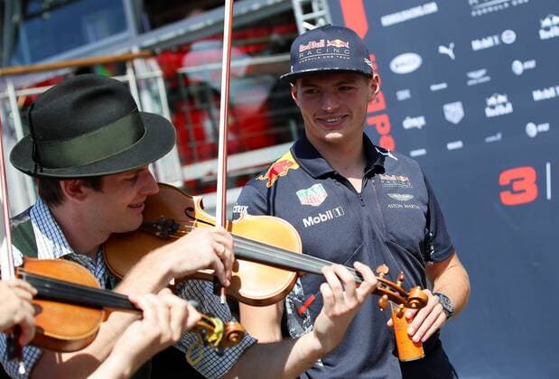 FORMULA 1 - GP of Austria 2017 SPIELBERG,AUSTRIA,09.JUL.17 - MOTORSPORTS, FORMULA 1 - Grand Prix of Austria, Red Bull Ring. Image shows Max Verstappen (NED Red Bull Racing) with musicans. GEPAxpictures xChristianxWalgram