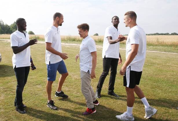 RB Leipzig Charity Golfturnier Machern b. Leipzig, 09.07.2017, Eagles Charity Golf Club e.V. , RB Leipzig Charity Golfturnier , Im Bild, v.l.: Dayot Upamecano, Torwart Fabio Coltorti, Dominik Kaiser, Ibrahima Konate und Stefan Ilsanker (alle RB Leipzig Fußball). ,
