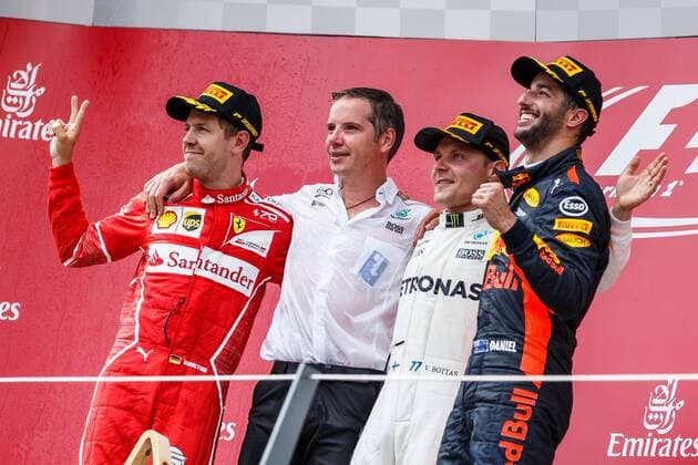 Podium mit Sebastian Vettel (Scuderia Ferrari), Valtteri Bottas (Mercedes AMG Petronas Formula One Team) und Daniel Ricciardo (Red Bull Racing), Grosser Preis von Oesterreich 2017, Motorsport, Formel 1, 09.07.2017, Spielberg Copyright: xNeis Eibner-Pressefotox EP_ANS