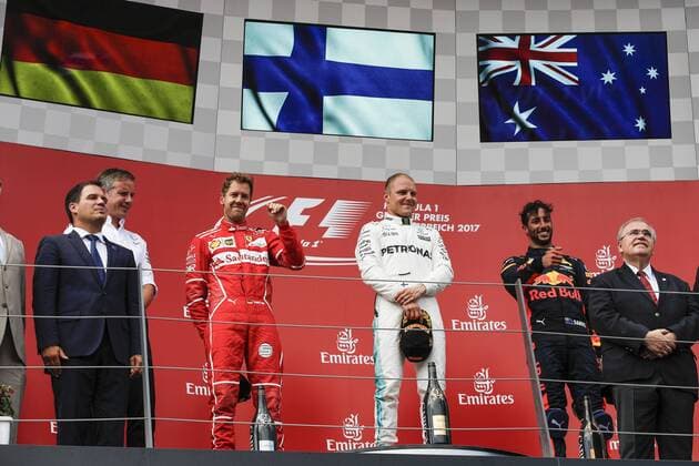 Themen der Woche Bilder des Tages - SPORT July 9, 2017 - Spielberg, Austria - (Left to Right) SEBASTIAN VETTEL of Germany and Scuderia Ferrari, VALTTERI BOTTAS of Finland and Mercedes AMG Petronas F1 Team and DANIEL RICCIARDO of Australia and Red Bull Racing are seen on the podium after the 2017 Formula 1 Austrian Grand Prix in Spielberg, Austria. F1 2017 - Austrian Grand Prix - Bottas wins - ZUMAg147 20170709_zap_g147_023 Copyright: xJamesxGasperottix