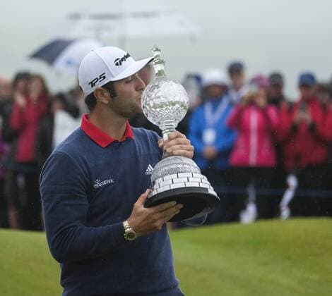 July 9th 2017, Portstewart Golf Club, Portstewart, Northern Ireland; Dubai Duty Free Irish Open Golf Championship, Day 4; Jon Rahm (ESP) kisses the trophy after winning the tournament with a score of 24 under par xNigelxCookex  ActionPlus11899695