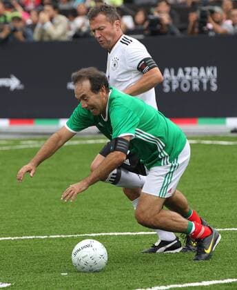 Mexico s Francisco Fernando Quirarte (front) vies for the ball with Germany s Lothar Matthaus during a friendly match to commemorate the 31st anniversary of their 1986 Wolrd Cup match at the Main Square of Mexico City, Mexico, 09 July 2017. The Revenges is a game that gathers the legends from both national soccer teams who played at the 1986 and 1998 World Cups. REVENGE OF THE MEXICAN AND GERMAN TEAMS OF THE 1986 AND 1998 WORLD CUPS !ACHTUNG: NUR REDAKTIONELLE NUTZUNG!  Copyright: xMarioxGuzmánx CMX001 20170709-636352379110556370