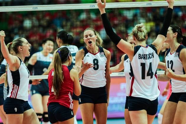 Players of the United States celebrate after scoring a goal against China during the Pool B1-Group 1 match of the FIVB World Grand Prix 2017 in Kunshan city, east China s Jiangsu province, 9 July 2017. USA defeated China 3-0 after the Pool B1-Group 1 match of the FIVB World Grand Prix 2017 in Kunshan city, east China s Jiangsu province, 9 July 2017. U.S. beats China to win FIVB World Grand Prix  20170709_30411