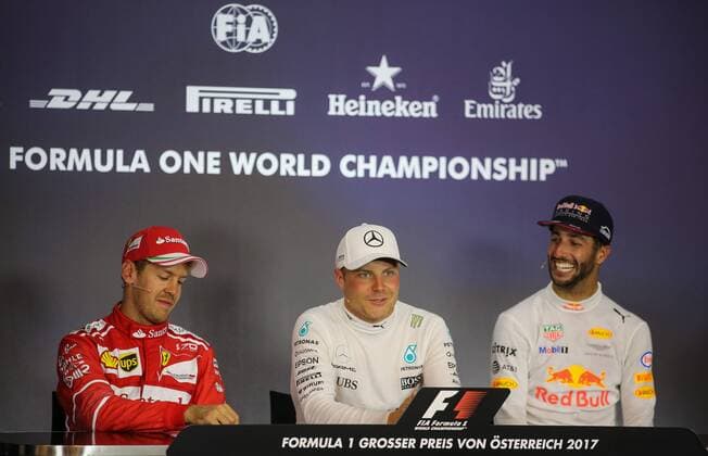FORMULA 1 - GP of Austria 2017 SPIELBERG,AUSTRIA,09.JUL.17 - MOTORSPORTS, FORMULA 1 - Grand Prix of Austria, Red Bull Ring, press conference PK Pressekonferenz Image shows Sebastian Vettel (GER Ferrari), Valtteri Bottas (FIN Mercedes) and Daniel Ricciardo (AUS Red Bull Racing). GEPAxpictures xDanielxGoetzhaber