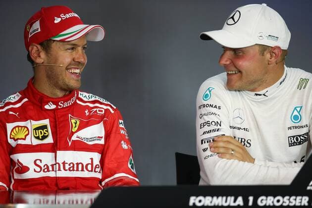 FORMULA 1 - GP of Austria 2017 SPIELBERG,AUSTRIA,09.JUL.17 - MOTORSPORTS, FORMULA 1 - Grand Prix of Austria, Red Bull Ring, press conference PK Pressekonferenz Image shows Sebastian Vettel (GER Ferrari) and Valtteri Bottas (FIN Mercedes). GEPAxpictures xDanielxGoetzhaber