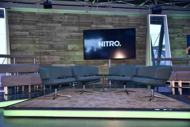 Das Fernsehstudio am 10.07.2017 in Köln bei der Programm präsentation von RTL Nitro - Season Highlights und Fussball 2017 2018 im 100 % Bundesliga Studio