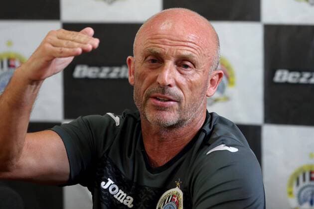 Hibernians FC head coach Mark Miller speaks during his team s press conference PK Pressekonferenz a day prior the UEFA Champions League second qualifying round, first leg soccer match between Hibernians FC and FC Red Bull Salzburg at the Hibernians Stadium, Paola on 11 July, 2017 Hibernians FC v FC Red Bull Salzburg HIBS_RBS_17