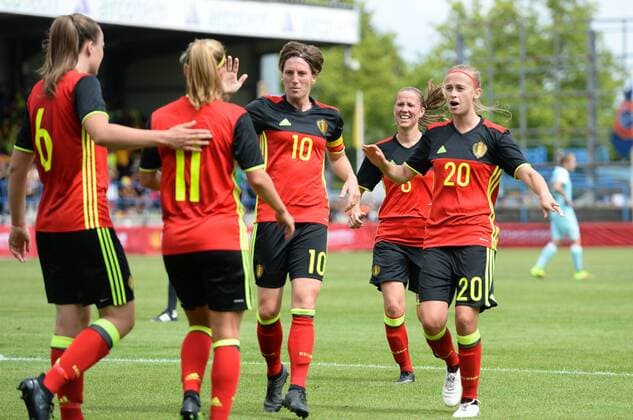 Belgium s Aline Zeler and Belgium s Julie Biesmans celebrate after scoring the 2-0 during a friendly game between the Belgian national women s soccer team Red Flames and Russia, on Tuesday 11 July 2017 in Denderleeuw. The Red Flames are preparing for the Women s European Championship EM Europameisterschaft 2017 in the Netherlands. DAVIDxCATRY  x05129560x