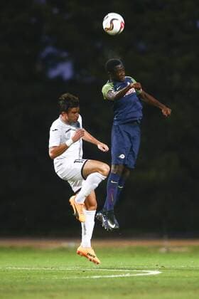 SOCCER - CL, qualification, Hibernians vs RBS PAOLA,MALTA,11.JUL.17 - SOCCER - UEFA Champions League, qualification, FC Hibernians vs Red Bull Salzburg. Image shows Bjorn Kristensen (Hibernians) and Diadie Samassekou (RBS). GEPAxpictures xFelixxRoittner