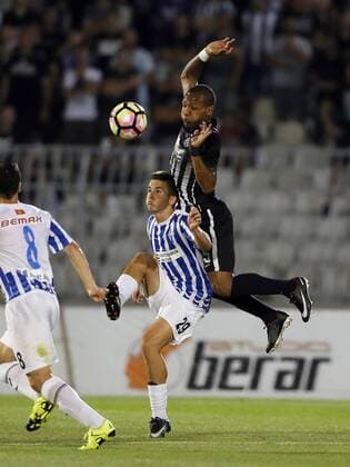 (170712) -- BELGRADE, July 12, 2017 -- Partizan s Everton (R) vies with Buducnost s Vasilije Terzic during UEFA Champions League qualifying football match between Partizan and Buducnost in Belgrade, Serbia on July 11. 2017. Partizan won 2-0.) (SP)SERBIA-BELGRADE-SOCCER-UCL- QUALIFICATIONS-PARTIZAN-BUDUCNOST PredragxMilosavljevic 
