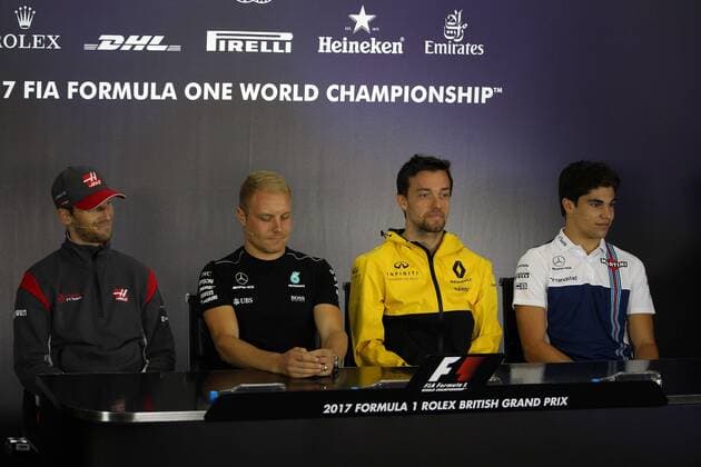 British Grand Prix, Silverstone 13 - 16 July 2017 13.07.2017 - press conference PK Pressekonferenz (L-R) Romain Grosjean (FRA) Haas F1 Team VF-17, Valtteri Bottas (FIN) Mercedes AMG F1 W08, Jolyon Palmer (GBR) Renault F1 Team RS17and Lance Stroll (CDN) Williams FW40 
