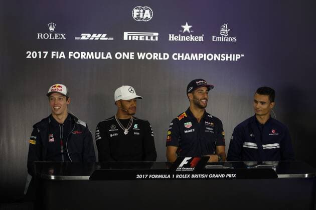 British Grand Prix, Silverstone 13 - 16 July 2017 13.07.2017 - press conference PK Pressekonferenz (L-R) Daniil Kvyat (RUS) Scuderia Toro Rosso STR12, Lewis Hamilton (GBR) Mercedes AMG F1 W08, Daniel Ricciardo (AUS) Red Bull Racing RB13 andpw 