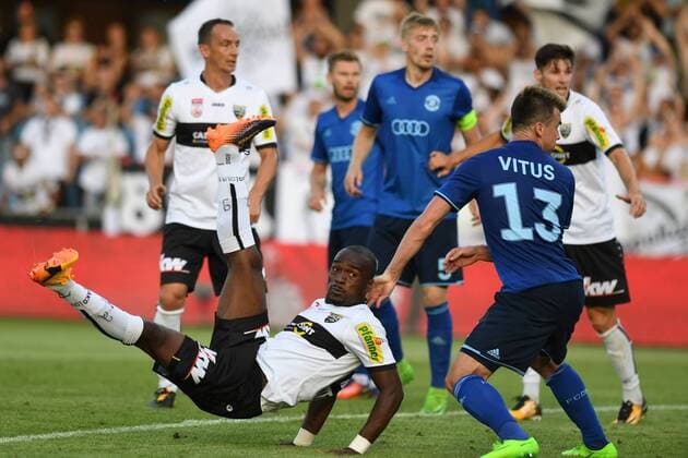 SOCCER - UEFA EL quali, Altach vs Brest ALTACH,AUSTRIA,13.JUL.17 - SOCCER - UEFA Europa League qualification, SCR Altach vs FK Dinamo Brest. Image shows Johannes Aigner, Louis Clement Ngwat Mahop (Altach). Andrei Lebedev, Maksim Vitus (Brest) and Benedikt Zech (Altach). GEPAxpictures xOliverxLerch