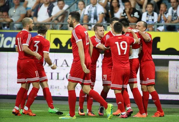 SOCCER - UEFA EL quali, Sturm vs Podgorica GRAZ,AUSTRIA,13.JUL.17 - SOCCER - UEFA Europa League qualification, SK Sturm Graz vs FK Mladost Podgorica. Image shows the rejoicing of Podgorica. GEPAxpictures xChristianxWalgram