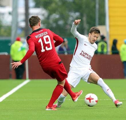 Martin Linnes of Galatasaray and Dennis Widgren 19 of Ostersund during the UEFA Europaleague Qualifier 3rd round, 1st leg match between Ostersund and Galatasaray on July 13, 2017 in Ostersund , Sweden. 