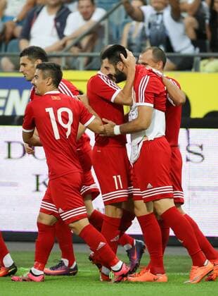SOCCER - UEFA EL quali, Sturm vs Podgorica GRAZ,AUSTRIA,13.JUL.17 - SOCCER - UEFA Europa League qualification, SK Sturm Graz vs FK Mladost Podgorica. Image shows the rejoicing of Podgorica. GEPAxpictures xChristianxWalgram