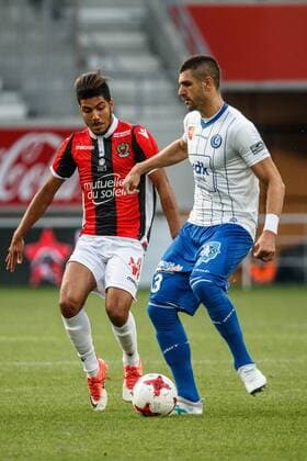 Nice s Bassem Srarfi and Gent s Stefan Mitrovic fight for the ball during a friendly soccer match between Belgian first league soccer team KAA Gent and French Ligue 1 team Nice, Thursday 13 July 2017 in Gent. KURTxDESPLENTER  x05131027x