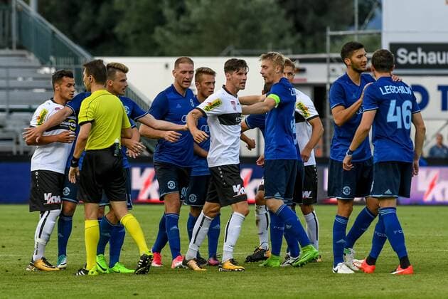 SOCCER - UEFA EL quali, Altach vs Brest ALTACH,AUSTRIA,13.JUL.17 - SOCCER - UEFA Europa League qualification, SCR Altach vs FK Dinamo Brest. Image shows a scramble between both teams. GEPAxpictures xOliverxLerch