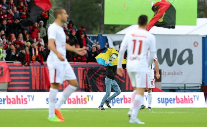 A Kurdish protestor entered the scene during the UEFA Europaleague Qualifier 3rd round, 1st leg match between Ostersund and Galatasaray on July 13, 2017 in Ostersund , Sweden. Final score : Ostersund 2 - Galatasaray 0 